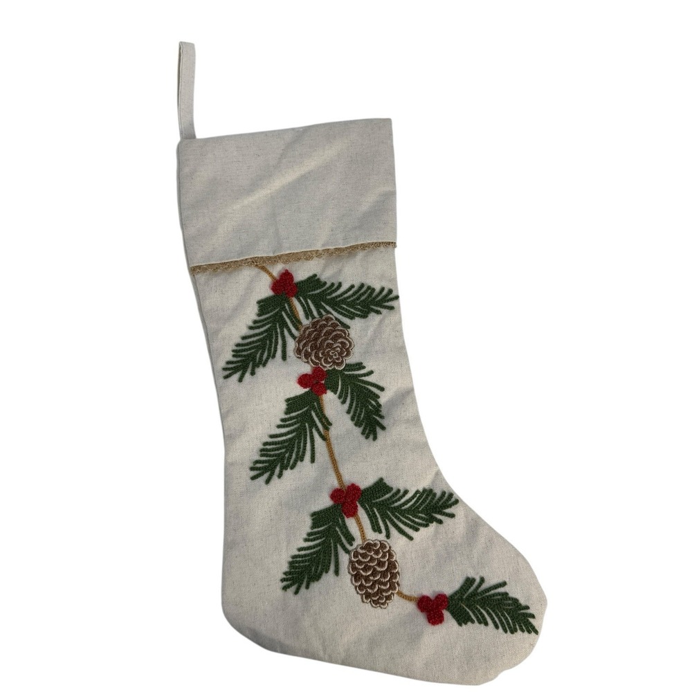 Holiday Time Beige Embroidered Christmas‎ Stocking Pine Cones  Holly Neutral